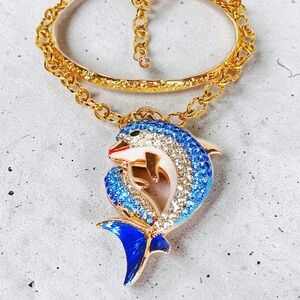 Bold Gold Necklace Blue Dolphins Charm Oceancore Seaside Nautical Beachy Pisces
